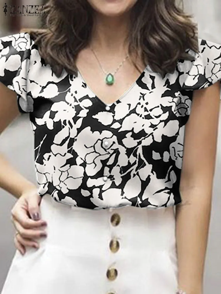 

Summer Women Floral Printed Blouse Ruffles Tops Elegant Short Sleeve V Neck Work Blusas ZANZEA Bohemain Beach Holiday Blouses