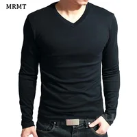 2025 Elastic Mens T-Shirt V-Neck Long Sleeve Men T Shirt For Male T-Shirts Man Clothing TShirt Brand New Solid Color Tops Tees