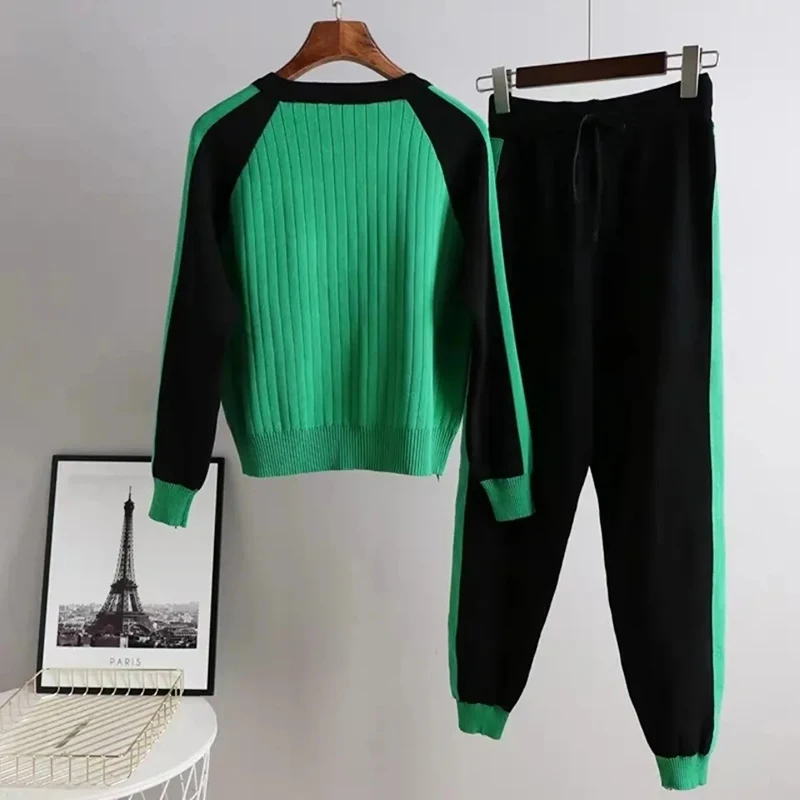 Fashion Patchwork Women Sweater 2 Piece Sets Korean Zipper Chic Sueter Tops Conjuntos Casual Mom Jogger Knitwear Pants Ensembles