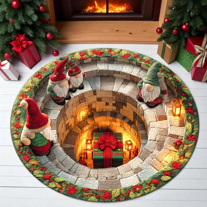 Christmas Gnome Round Rug 3D Gift Illusion Mat Holiday Winter Carpet Festive Santa Gnome Floor Rug Xmas Home Decor Round Rug 1