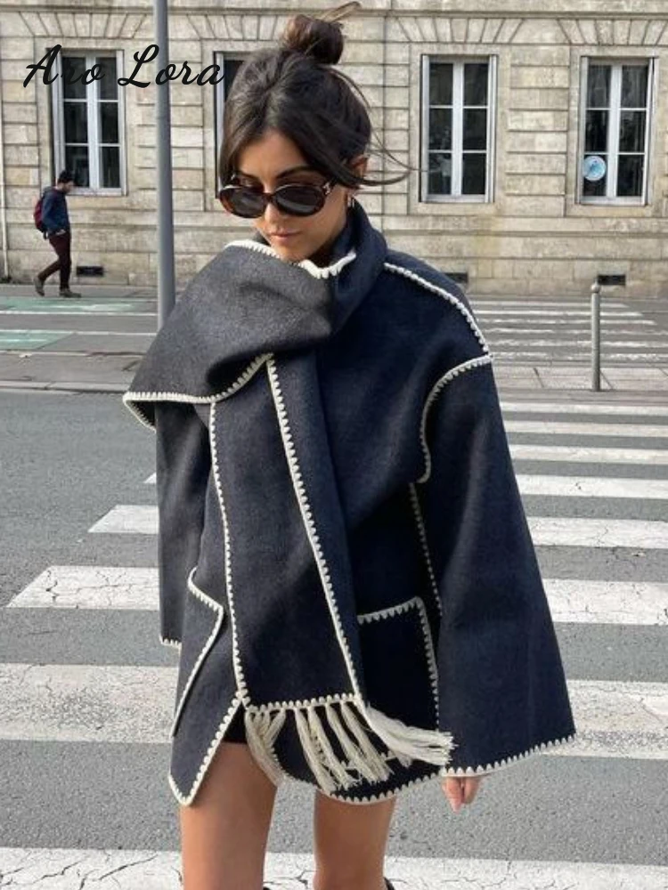 

Elegant Tassel Scarf Collar Coat For Women Autumn Winter Loose Long Sleeve Pocket Coats Fashion Lady Single Breasted Jacket 2023