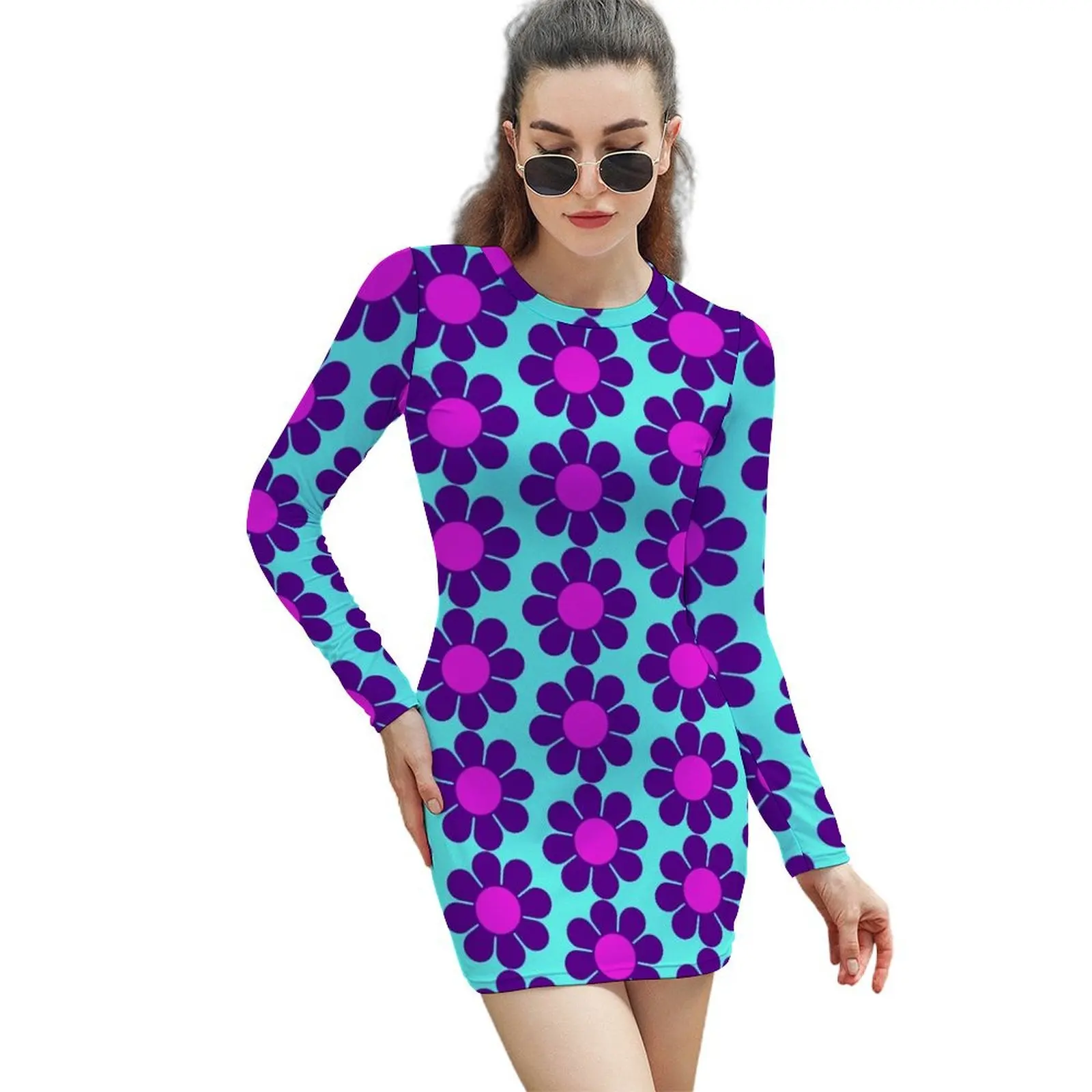 

Purple Pink Hippy Flower Daisy Long-Sleeved Sheath Dress dress korean style Party dresses for women