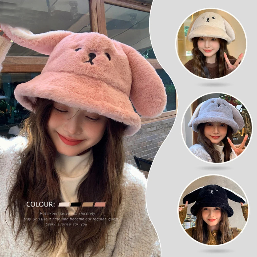

HT4283 Cute Autumn Winter Hats for Women Rabbit Ears Bucket Hat Ladies Warm Soft Fleece Snow Ski Bucket Cap Female Wide Brim Hat