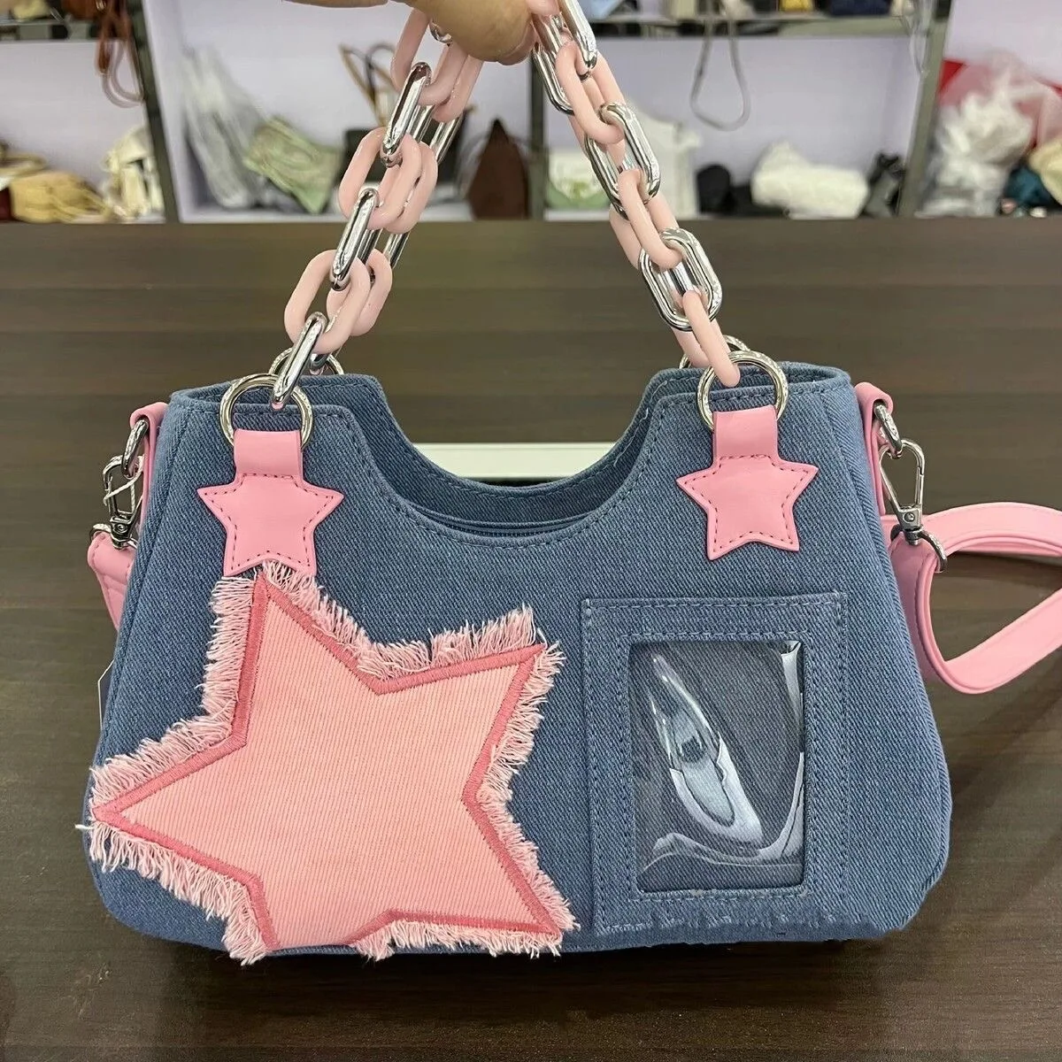 Women's Denim Y2k Pink Shoulder Bags Cool Girl Fashion Star Pattern Chain  Handbag Harajuku Iy Idol Photo Bag Korean Style Summer