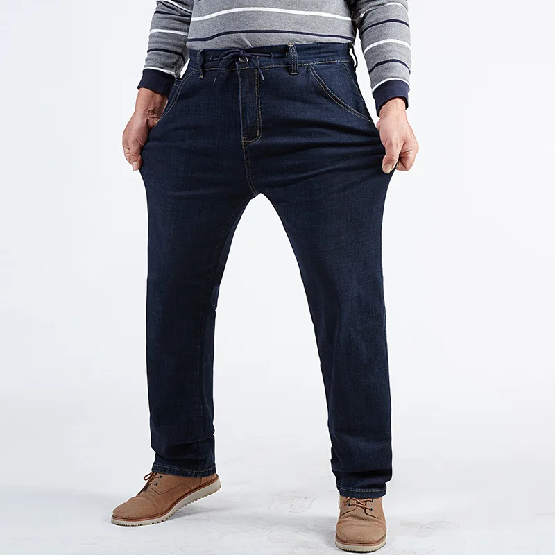 180KG Plus Size Jeans Men Big 56 54 52 Autumn Thick Straight High Waisted Dad Elastic Denim Trousers Blue Loose Stretched Pants 3
