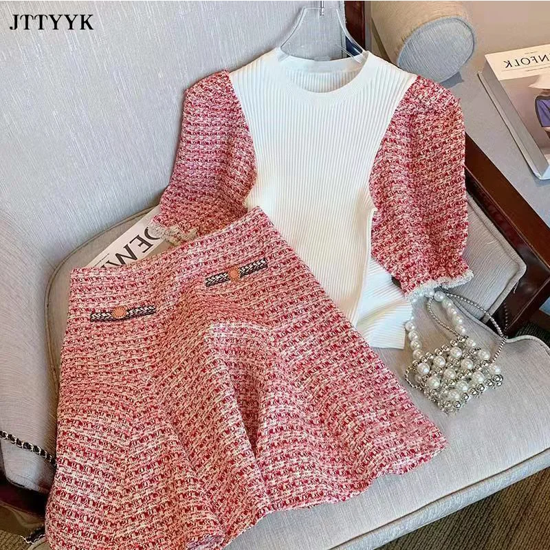

2022 Fashion Women Sets Summer Contrast Patchwork Two Piece Short Sleeve Knitted Sweater Round Shirts Mini Tweed Plaid Skirts