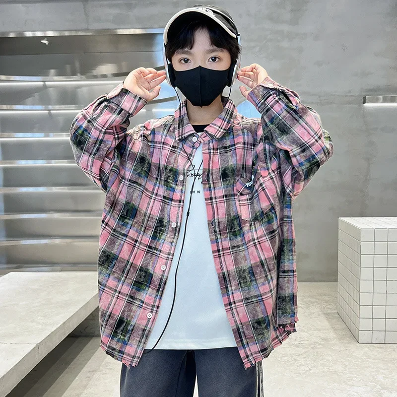 Early Autumn Plaid Shirt Jacket for Boys Loose Fit Children's Clothing Spring Autumn Kids Outfit Streetwear Boy's Top