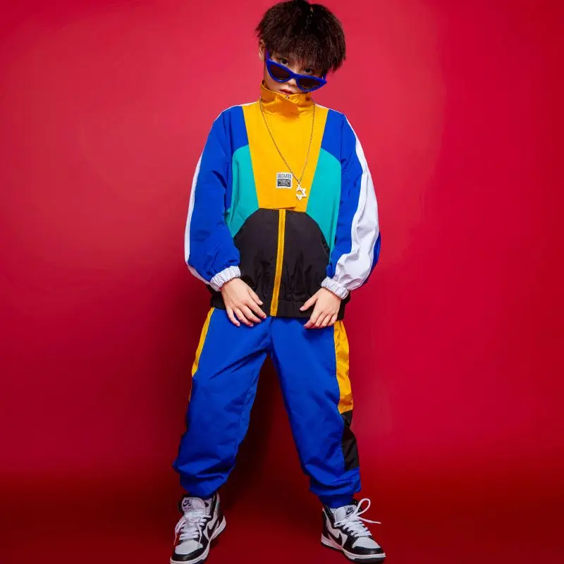 Boys Hip Hop Contrast Coat Girls Jazz Joggers Clothes Set Kids Street Dance Patchwork Jacket Sweatpants Child Costume Streetwear 4