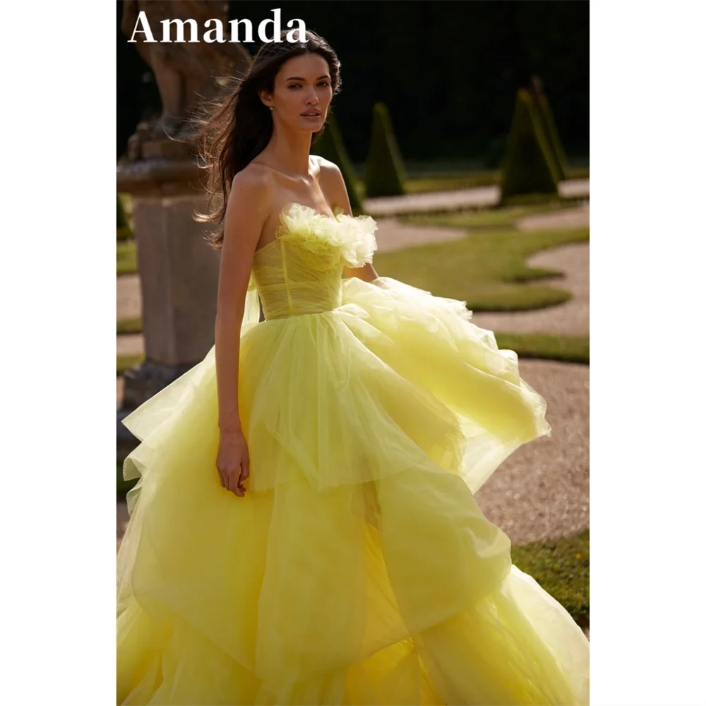 

Amanda Luxury Strapless Multilayer Gown Light Yellow Prom Dress 2023 Elegant Ball Gown Party Dress Tulle فساتين مناسبة رسمية