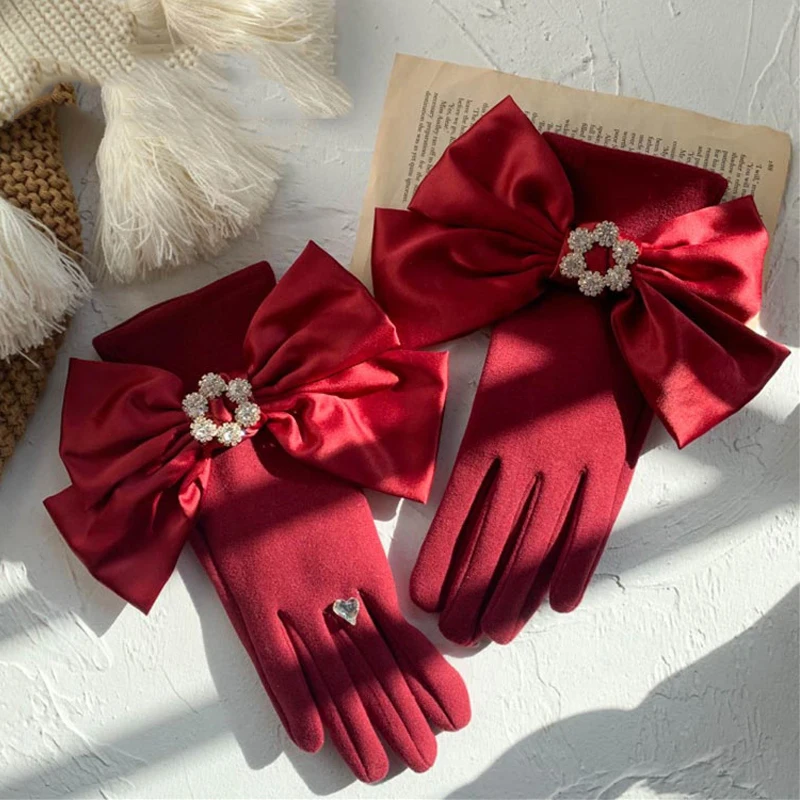 Fashion Gloves for Women 2022 Trendy Plush Lining Ribbon Big Bowknot Woman Winter Gloves Touch Screen Elegant Mittens Gift