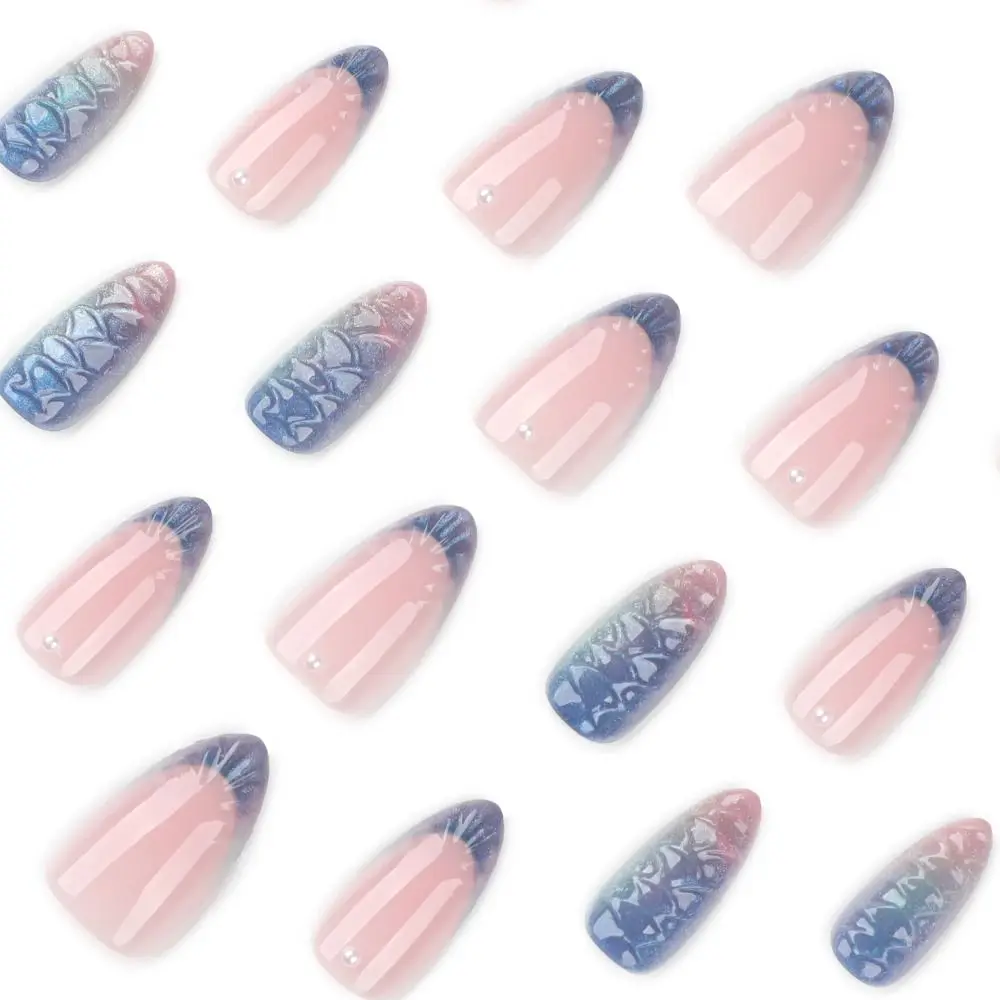 24pcs Manicure Long Almond False Nails Metallic Bow French Fake Nails 3D Flower Glitter Sequins Press on Nails Women