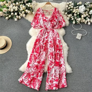 Women's Print Jumpsuit Casual V-neck Bubble Sleeve Backless Lace-Up Slimming Summer Beach Vacation Loose Wide Leg Jumpsuit 1