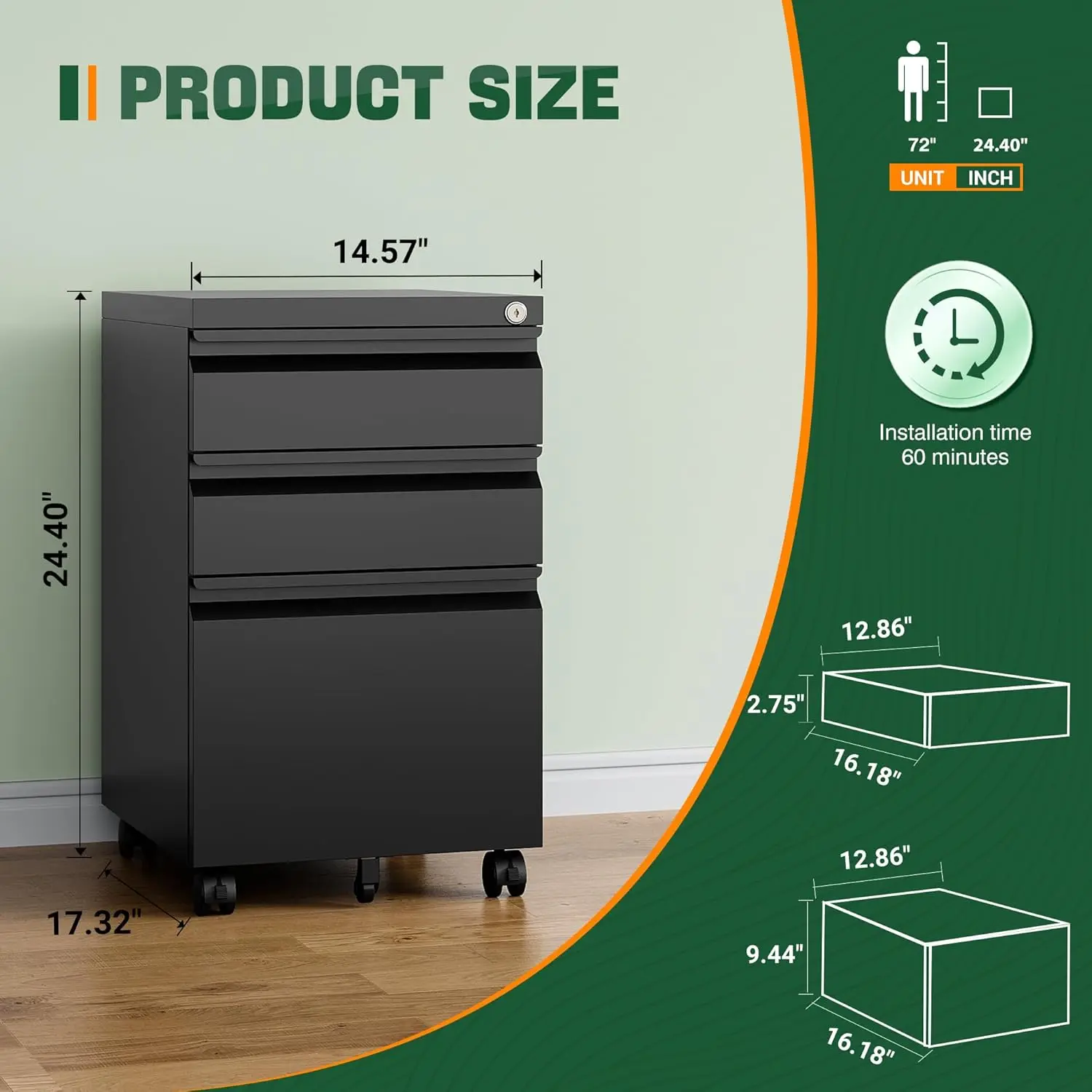 3 Drawer Mobile File Cabinet with Lock,Under Desk Metal Filing Cabinets for Home Office Organizer Letters