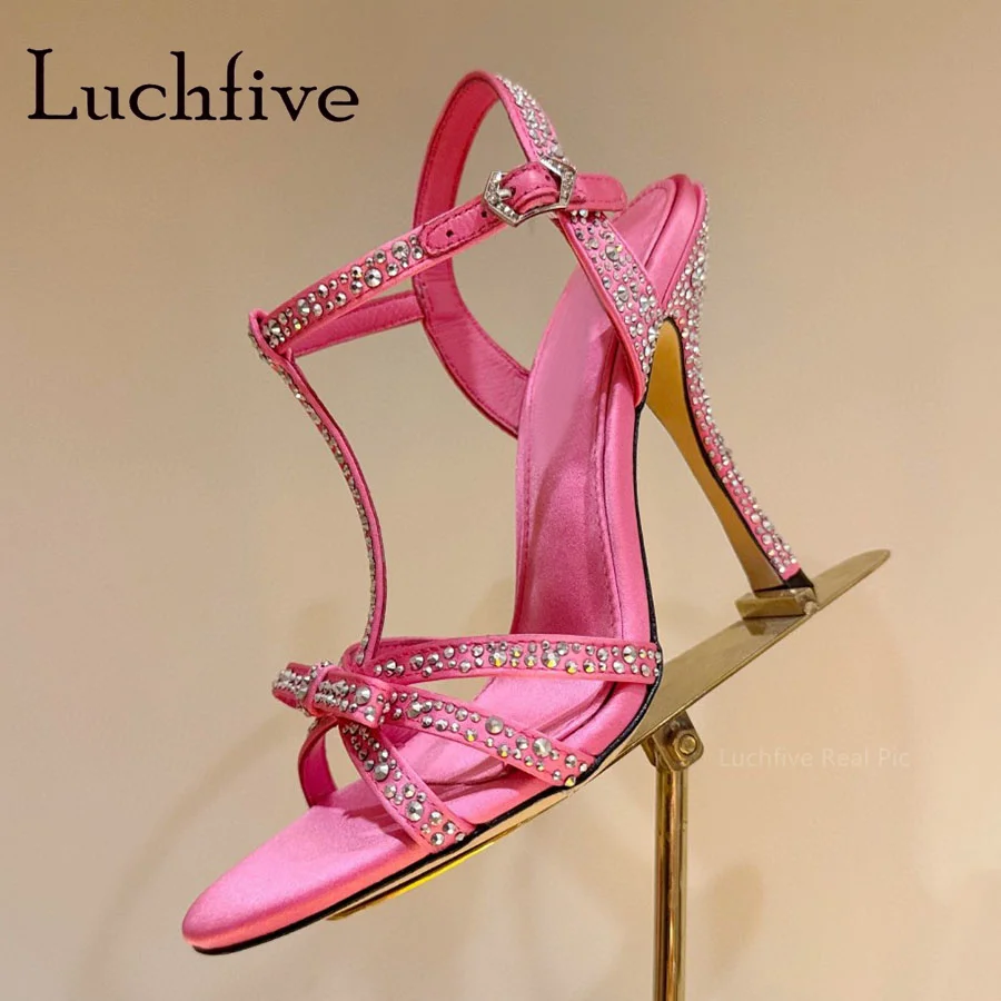 

2024 Summer New Satin Crystal Thin High Sandals Women Open Toe Buckle Strap Pumps Brand Sexy Elegant Ladies Party Shoes Mujer