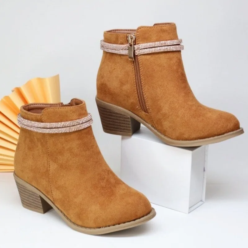 Girls Low Heel Rhinestone Boots for Kids Casual Wear