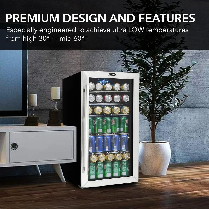 120-Can Beverage Refrigerator with Glass Door, 3.1 Cu Ft Freestanding Drink Mini Fridge, BR-130SB, Stainless Steel 3