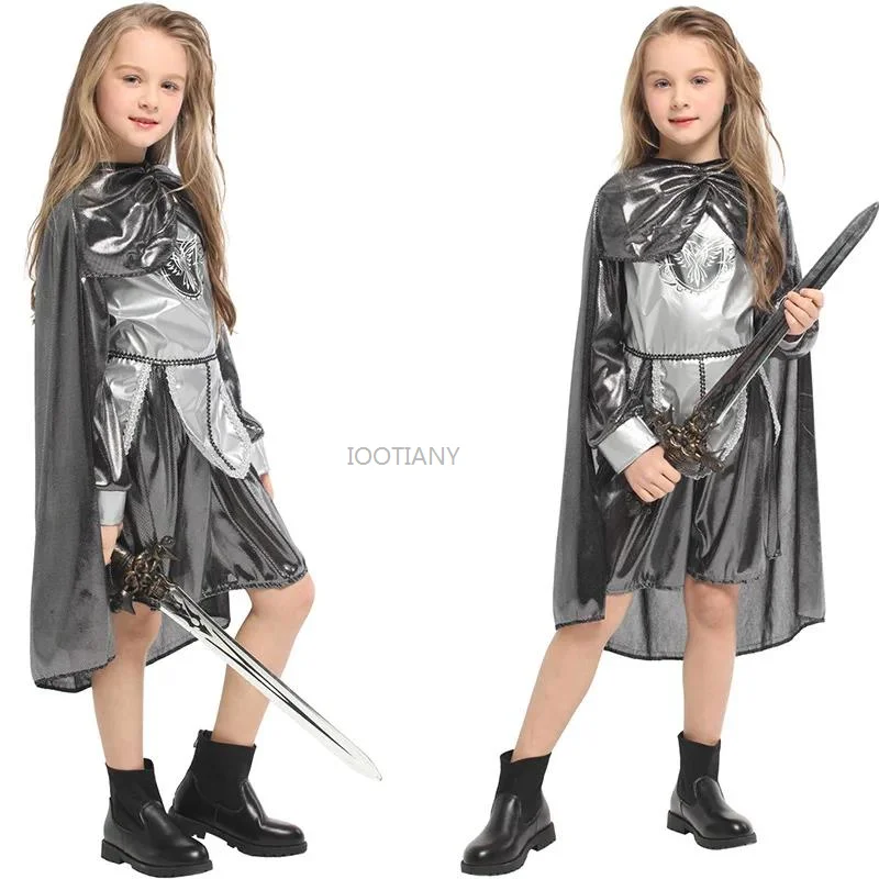 

Children's Day Female Samurai Performance Suit Kids Silver Medieval Warrior Knight Costume Carnival Party Masquerade Role Play
