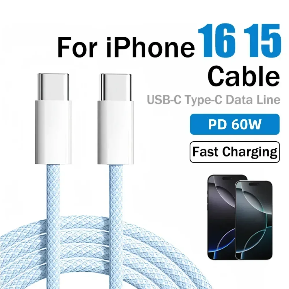 60W Type C Braided Data Cable Fast Charging Wire Double PD Fast Charging Phone Cable For iPhone 16 15 Samsung Xiaomi Data Cords