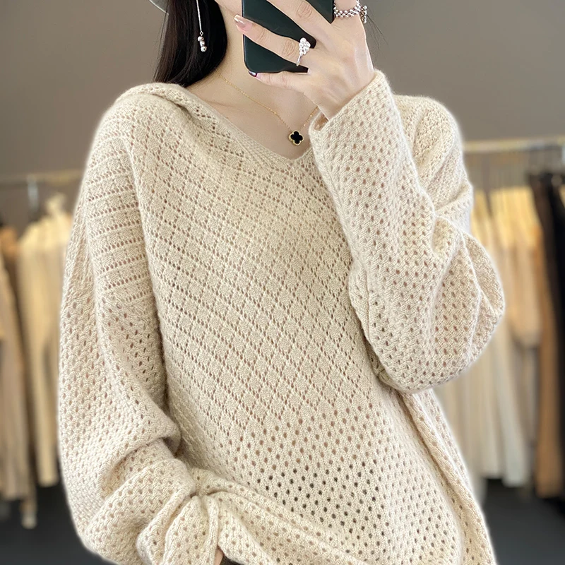 

Pullover Cashmere Sweater 2023 New Knitted Hollow out Women's 100% Wool Hooded Sweater Comfortable Soft Coat Sweater