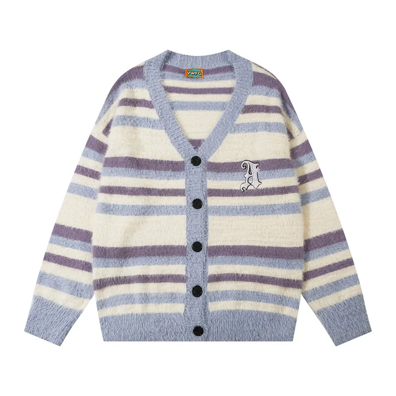 Vintage Farbblock Patchwork Strickjacke Neue Harajuku Streifen Strickpullover Hip Hop Streetwear Strickwaren Unisex Kleidung Tops_voghion.com