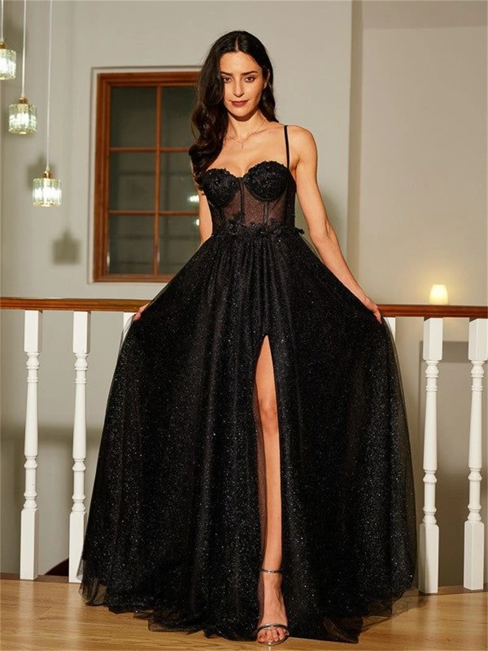 

Tulle Sweetheart Spaghetti Strap Sleeveless Prom Dresses Sparkly Zipper Backless Split Evening Dress Illusion Formal Party