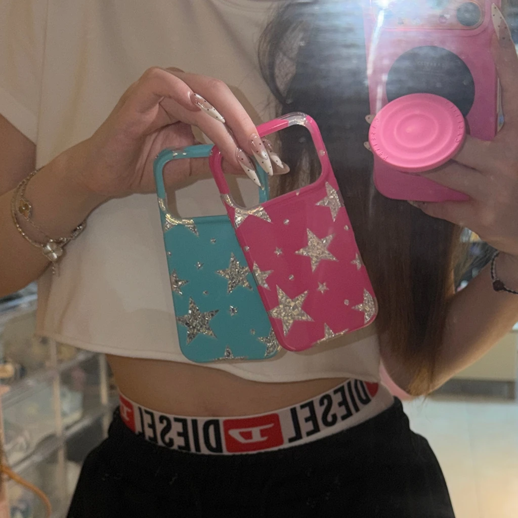Fashion Aesthetic Pink and Blue Glitter Silver Stars Shockproof Phone Case Cover