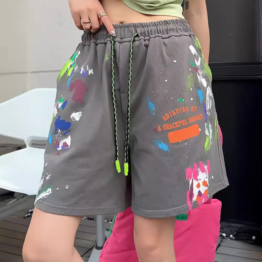 Street Splash-Ink Hand-Painted Casual Shorts Women 2024 Summer Sports Style Cotton Shorts Elastic Waist Loose Black Shorts