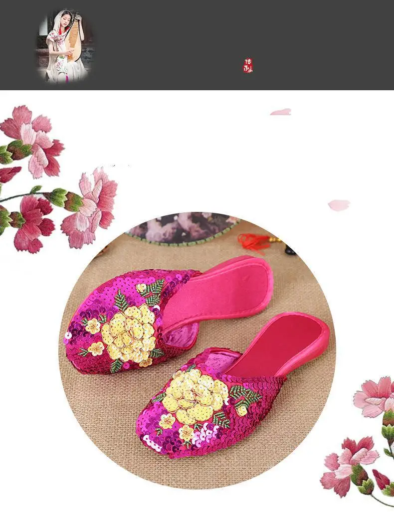 36-40 Women Slippers Sequin Embroider Shoes Summer Silk Fabric Flats Flower Closed Toe Soft Sole Non-slip Chinese Style Footwear