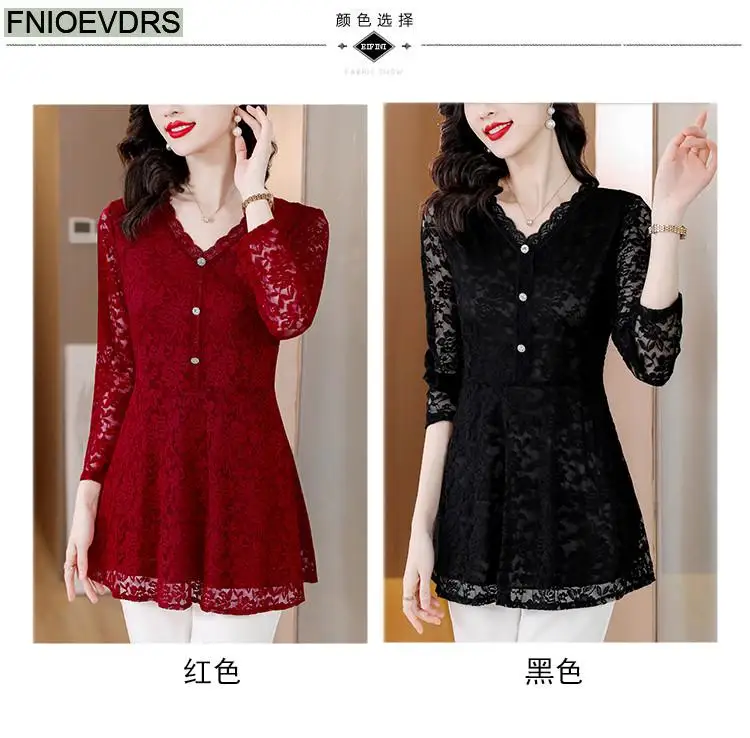 M-4XL 2023 Women Hot Sales Elegant Office Lady Work Button Black Lace Shirt Casual Belly A Line Tunic Peplum Tops And Blouses