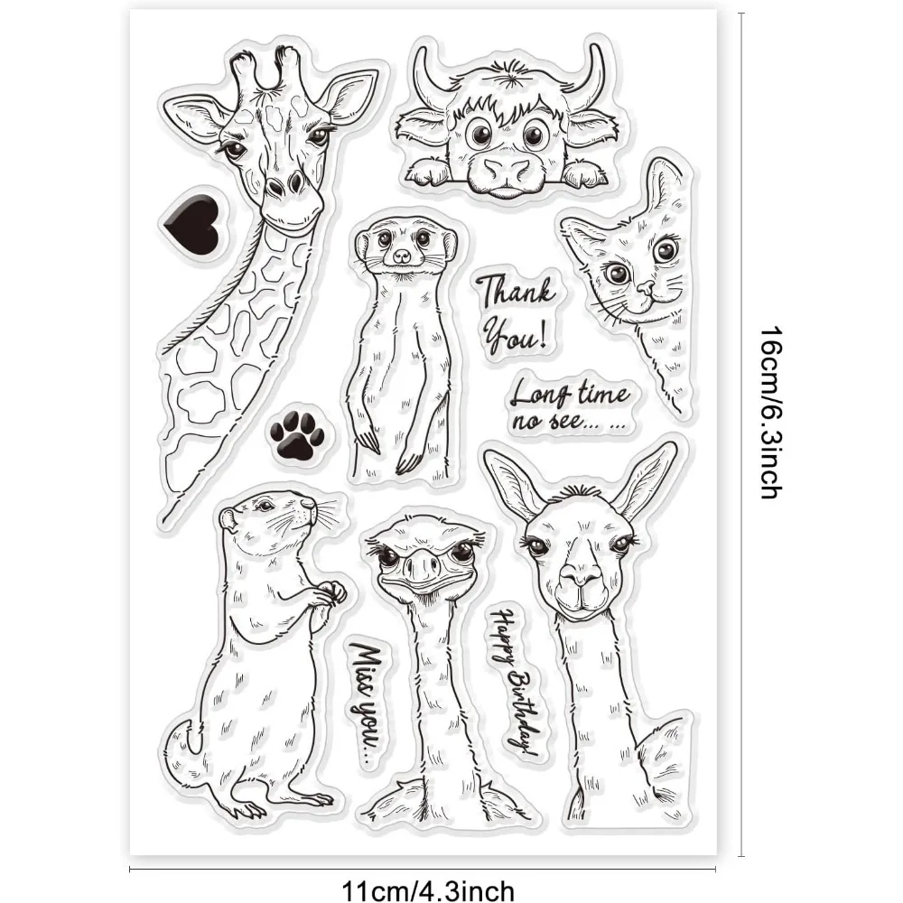 Clear Stamps Various Funny Animal Heads Giraffe Cat Cow Ostrich Alpaca Groundhog Cartoon Animals Transparent