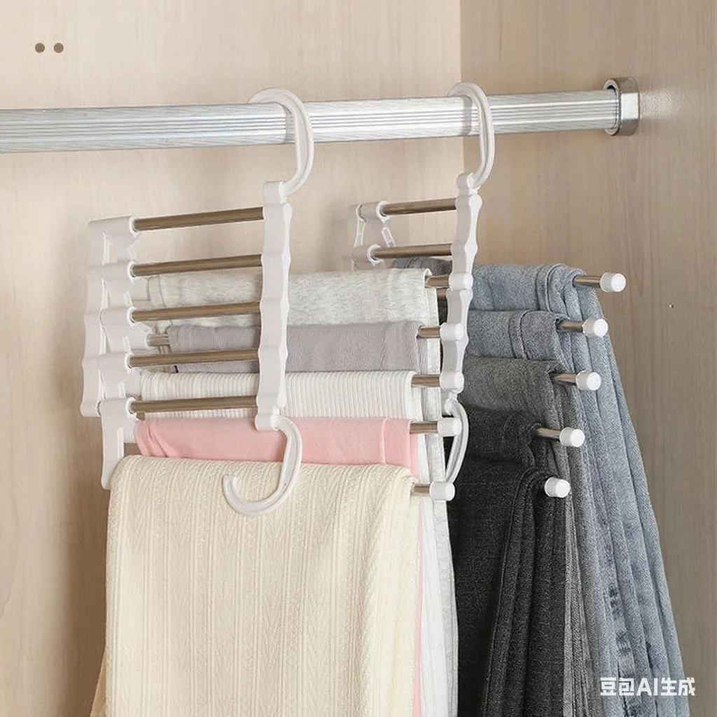 5 In1 Save Space Pants Hanger Collapsible Towel Tie Hook Multi-functional Clothes Trouser Rack Wardrobe Closet Organizer Storage
