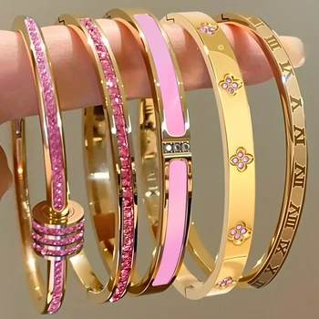 ZAKOL New Buling Pink Crystal Zirconia Stainless Steel Bracelet for Women Versatile Stackable Jewelry Waterproof Bangle Gift 1