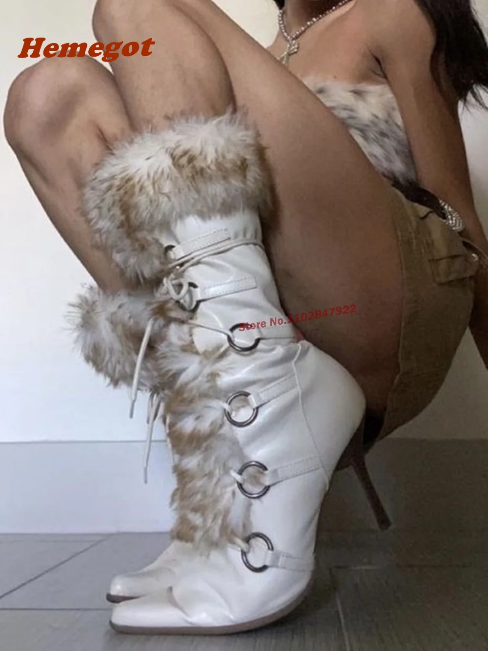 

White Fur Winter Long Boots for Women Pointed Toe Stiletto Heels Lace Up Cross Tied Knee High Boots Female Warm Leather Casual
