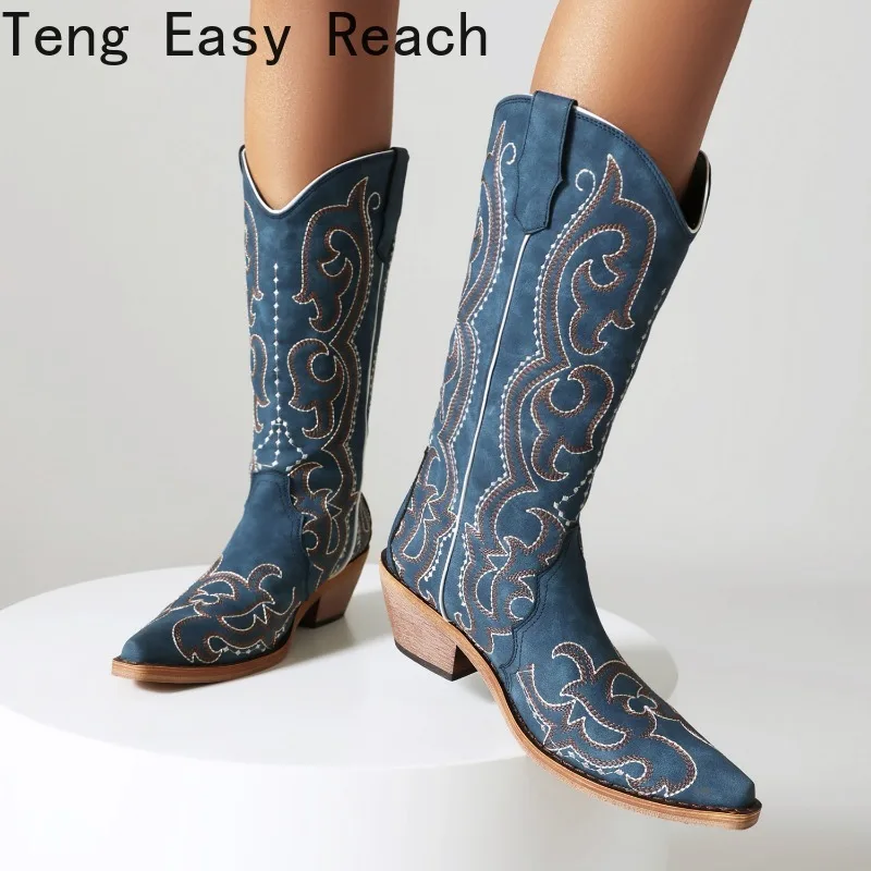 Pointed Toe Denim Fashion Knee High Mid Calf Boots for Women Retro Cowboy Cowgirls Western Boots Autumn Hot Sale Shoes 2023