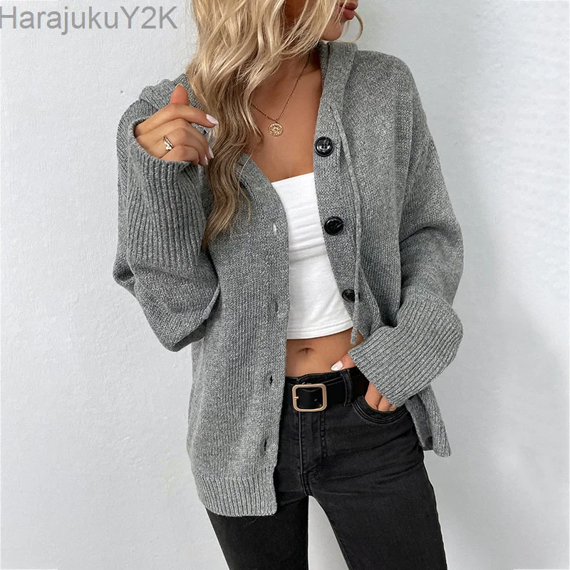 

Button Cardigan Warm Thick Hooded Sweater Jacket Coat Oversized Pull Tops 2022 Autumn Winter Women Knitted Cardigans Full Sleeve