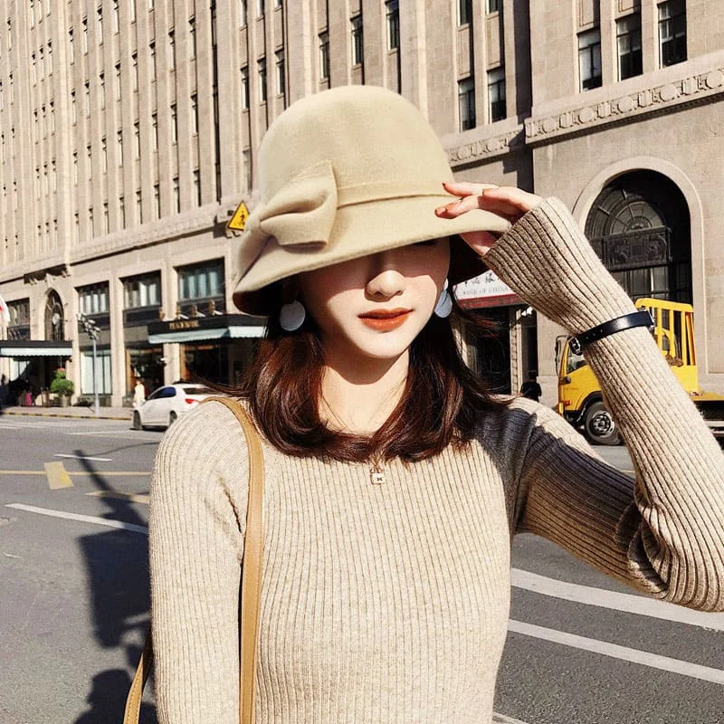 Fashion Hat Vintage Women Bucket Cap Solid Bow Woolen Felt Fedoras Hat Female Winter Autumn Ladies Dome Felt Wedding Church Jazz Caps Bowler