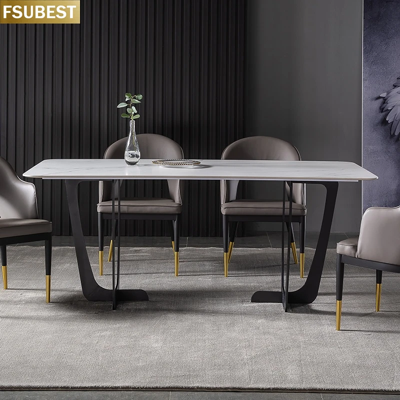 Fsubest Ltalian Rock Slab Tavolo Da Pranzo Da Cucina 4 Sedie Base In Acciaio Al Carbonio Tavoli In Finto Marmo Set Di Sedie Da Pranzo Esstisch Mit Sta