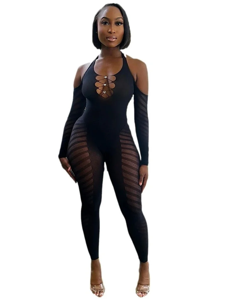 Wmstar Jumpsuits Rompers Women Wholesale Autumn Solid Color Halter Neck Sleeved Cut Out Backless Tight European American Style