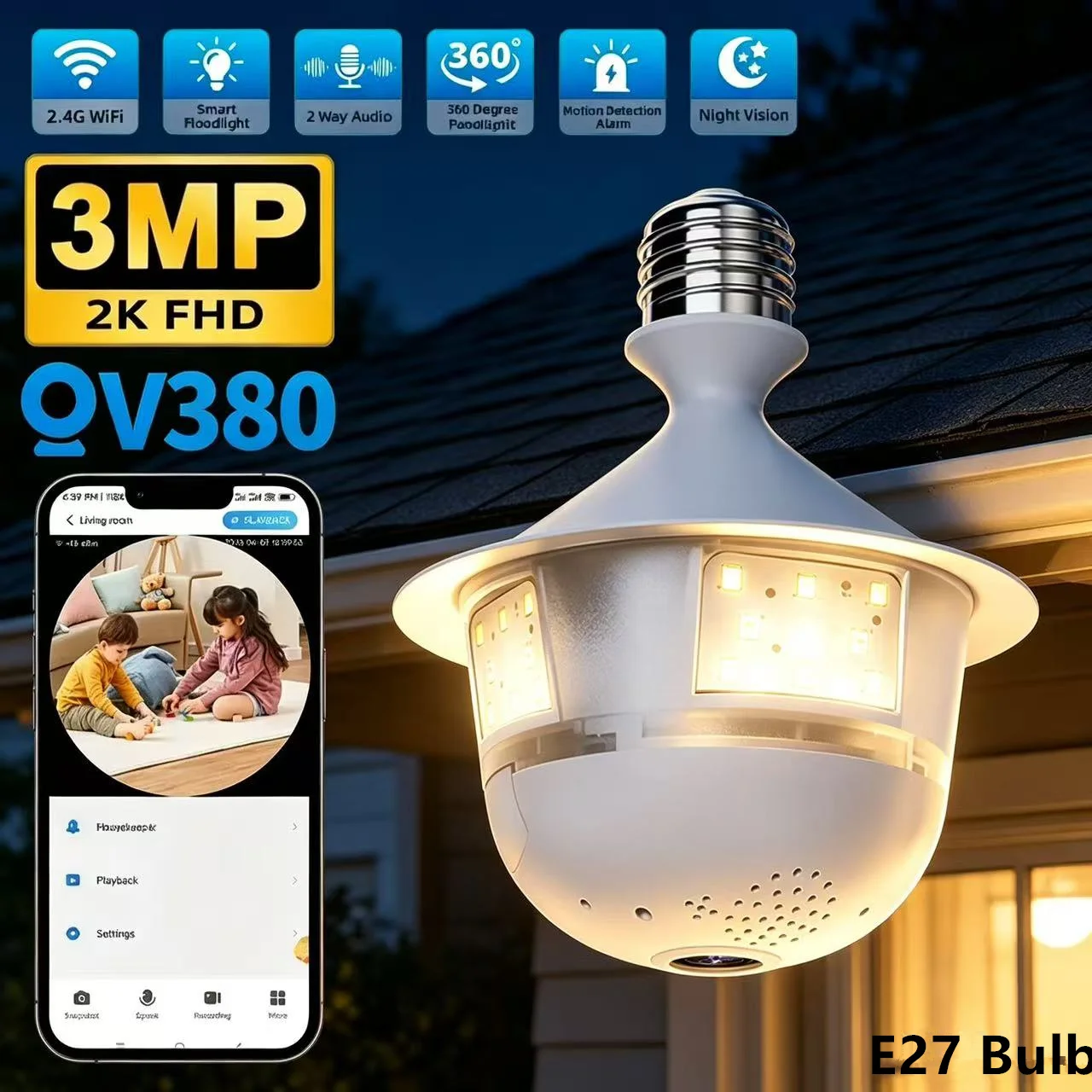 V380 Pro Security Camera 3MP Wifi Spotlight Camera Full Color Night Vision Human Detection IP Camera Video Surveillance E27 Bulb 1
