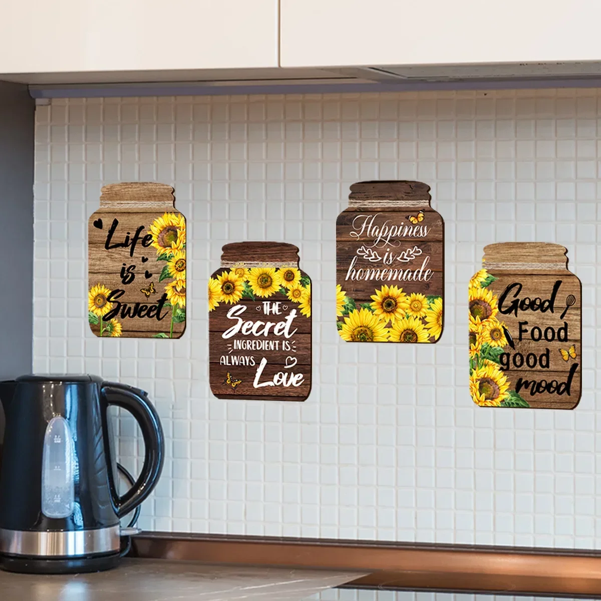 Sunflower Kitchen Wall Stickers Suitable for Dining Room and Home Decoration Inspirational English Phrases 4Pcs wall stickers kitchen wall sticker