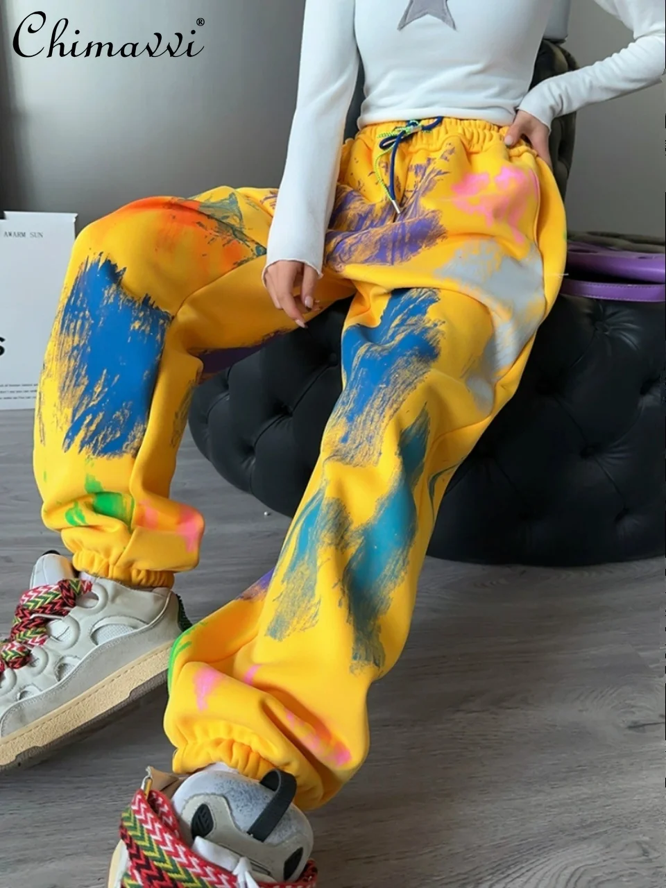 

European Large Size Tie-Dyed Graffiti Fashion Thicken Ankle-Tied Sweatpants Women's Winter Loose Velvet Padded Casual Pants