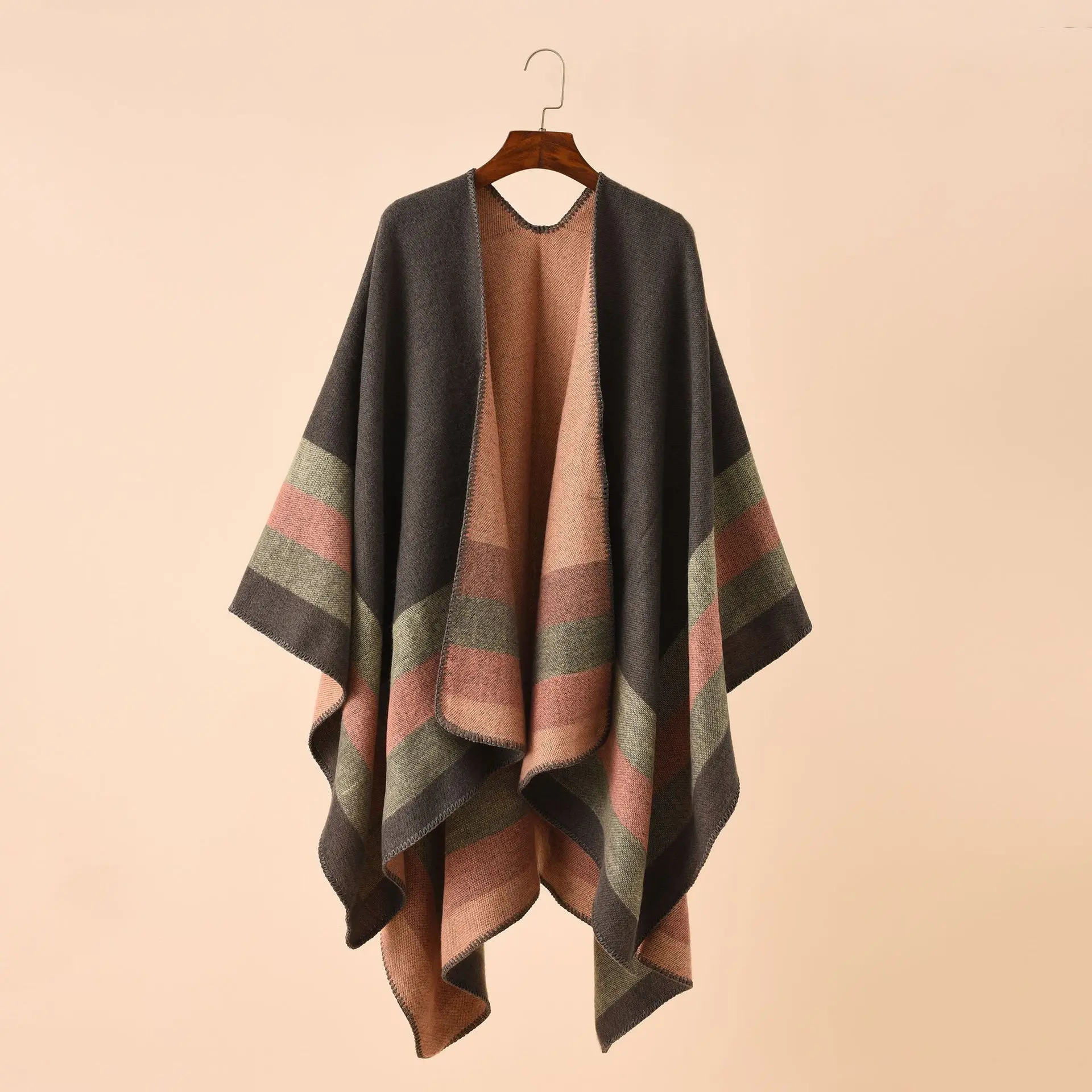 Vintage Striped Floral Poncho for Women Warm Faux Cashmere Shawl Color Blocking Travel and Play Elegant Winter