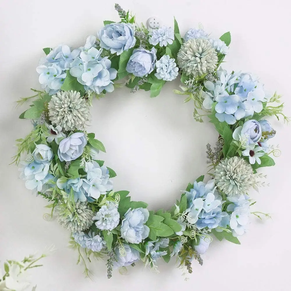 

15.7inch Artificial Light Blue Hydrangea and Peony Floral Spring Wreath with Green Leaves Welcome Front Door for Wall Home Decor