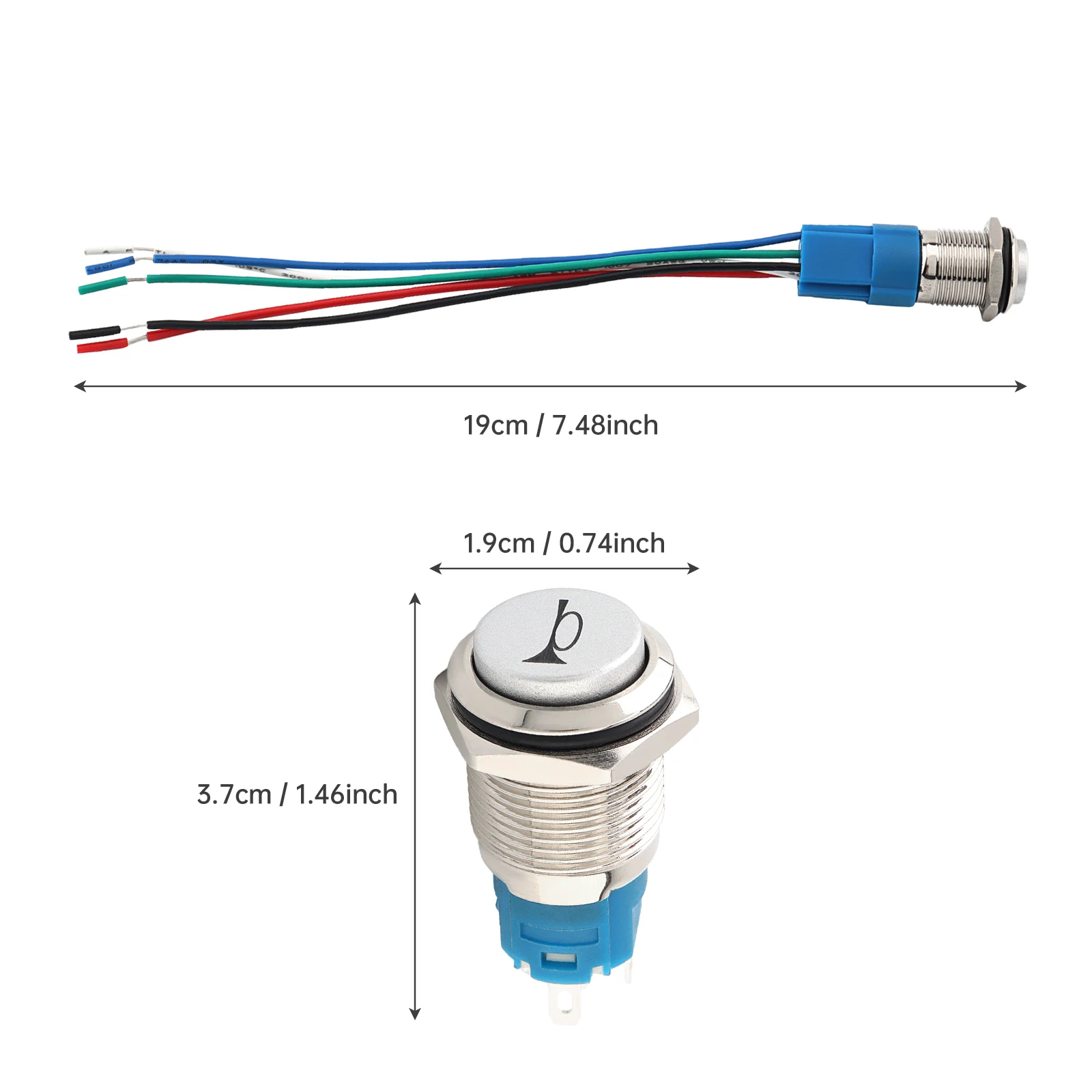 16mm 12V 파란색 LED 조명 순간 푸시 버튼 스위치(테일 플러그 하네스 포함), 5핀 스피커 혼 푸시 버튼 스위치