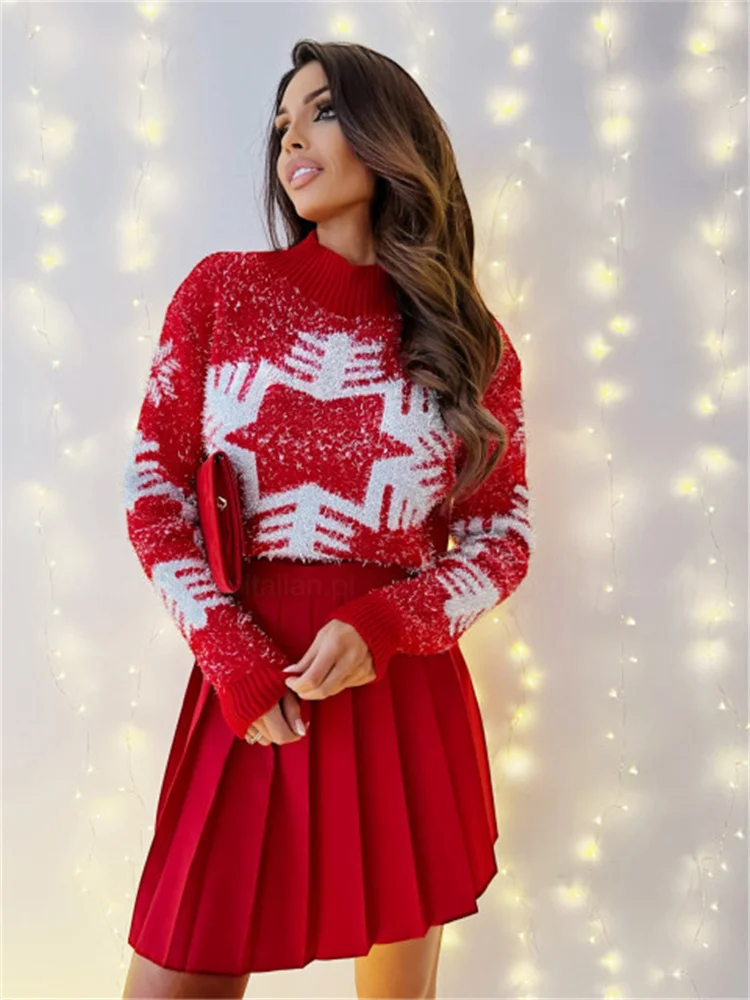 

Women's Christmas Sweater Snowflake Print Glass Silk Jacquard Woman Long Sleeve Pullovers Traf Kintwear Y2k Clothing Official