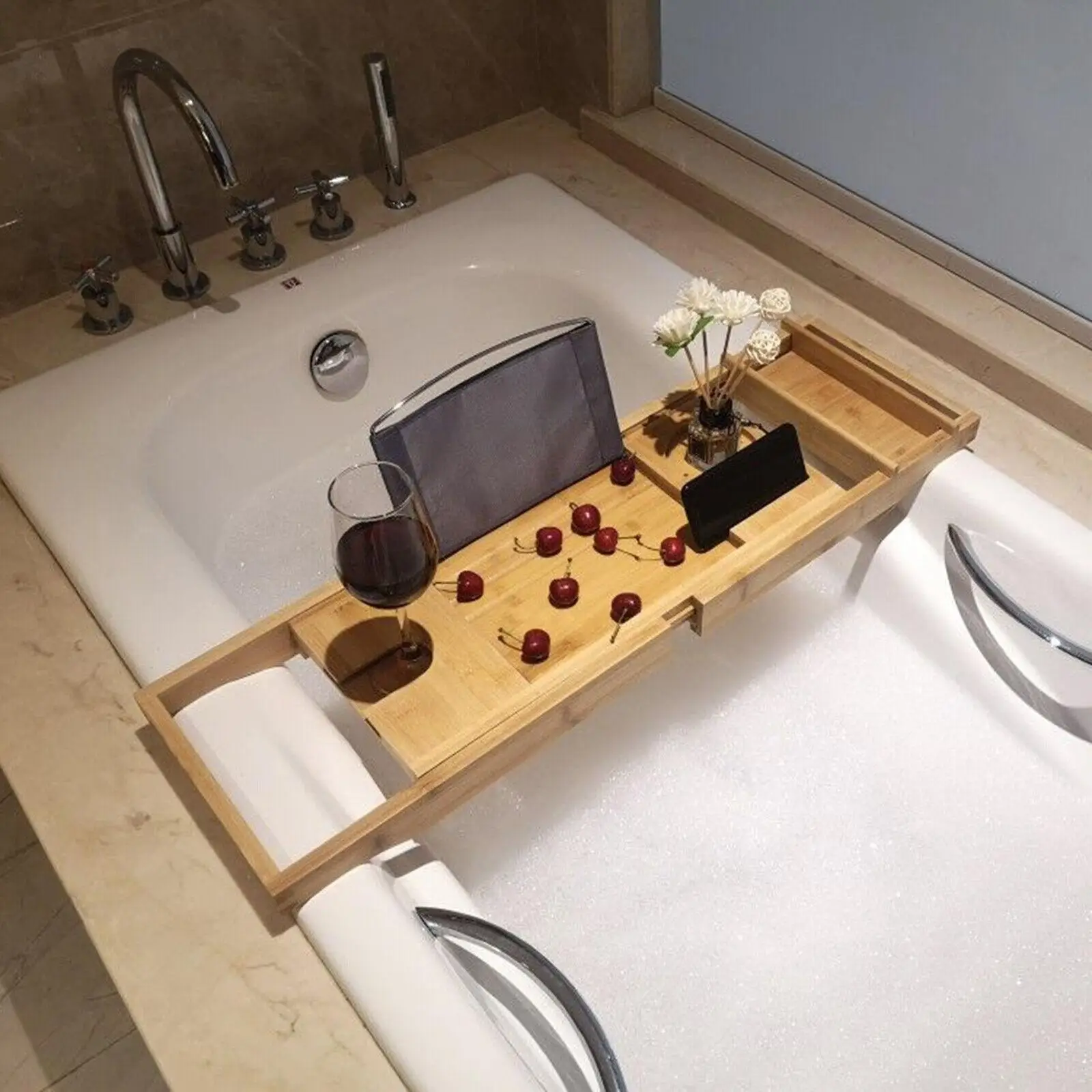 

Brown Bamboo Bath Tray Table Bathroom Tub Shelf Bath Desk Movable Pad Tablet Holder Adjustable Length