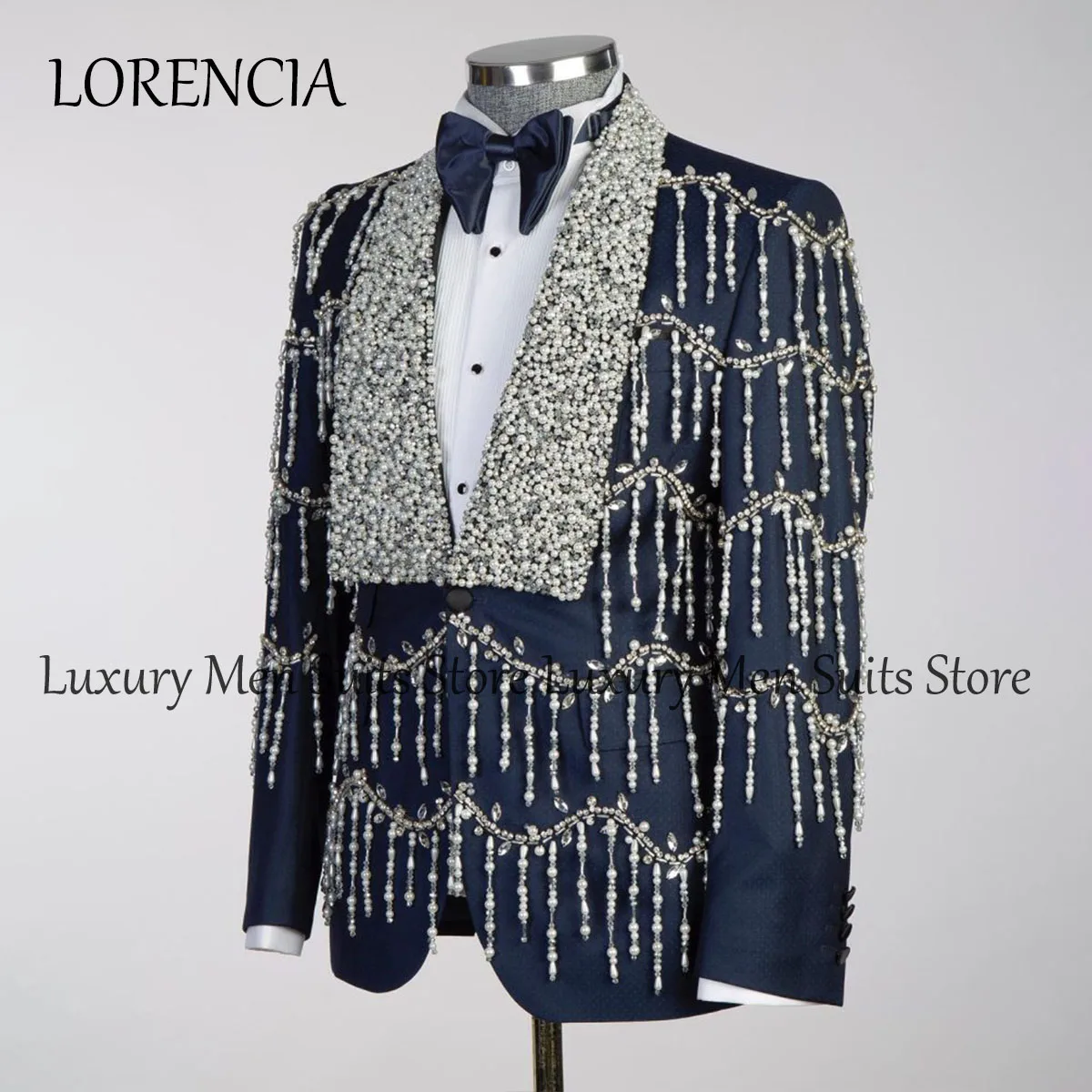 Customized Crystal Men Suits 2 Pieces Sets Groom Wedding Tuxedos With Tassel Diamond Male Prom Blazers Terno Masculino Completo 4