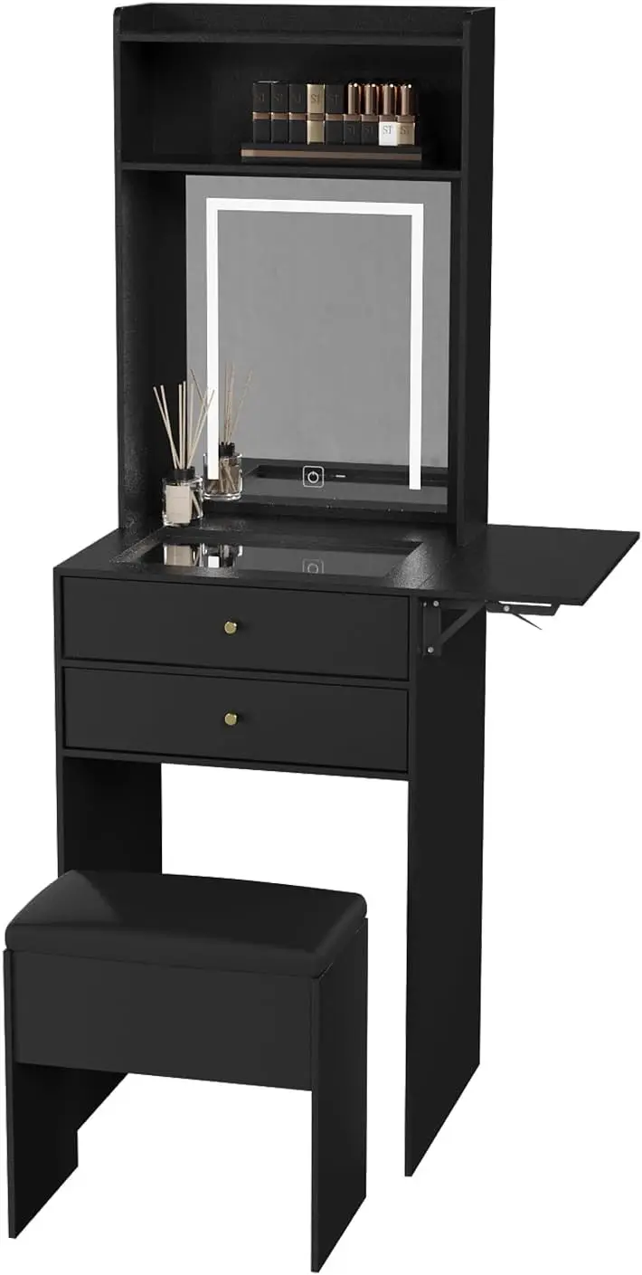 

ARTETHYS Small Vanity Desk Set with 3 Adjustable Lighted Mirror and Storage Chair Small Black Vanity Table for Bedroom Compact M
