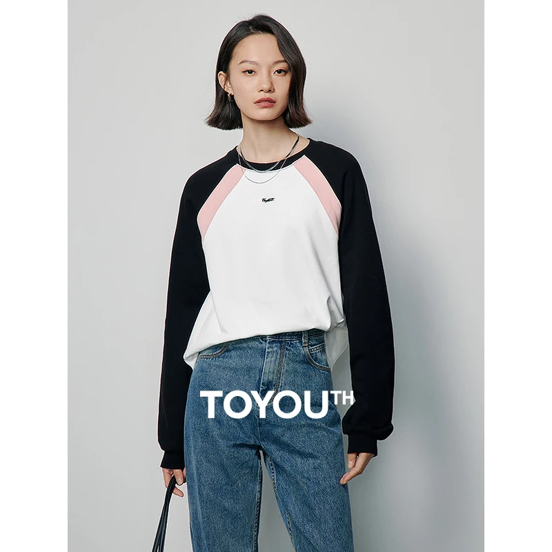 

Toyouth Women Tees 2024 Spring Long Sleeve O Neck Loose T-shirt Letter Print Contrast Color Fashion Casual Clothes Tops