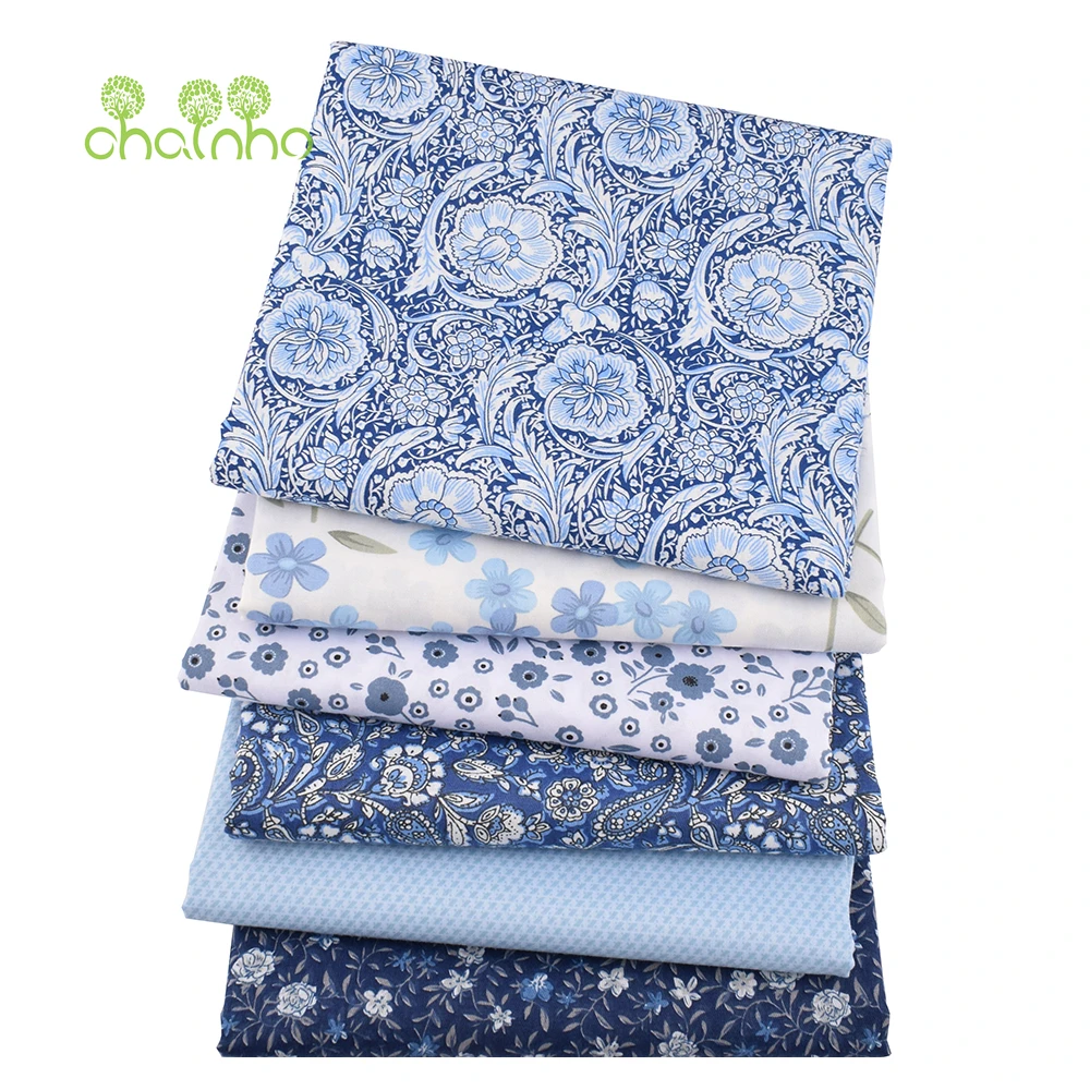 Chainho,Printed Twill Weave Cotton Fabric,DIY Qulting Sewing Material,Patchwork Cloth,Blue Series,6 Designs,3 Spiecification